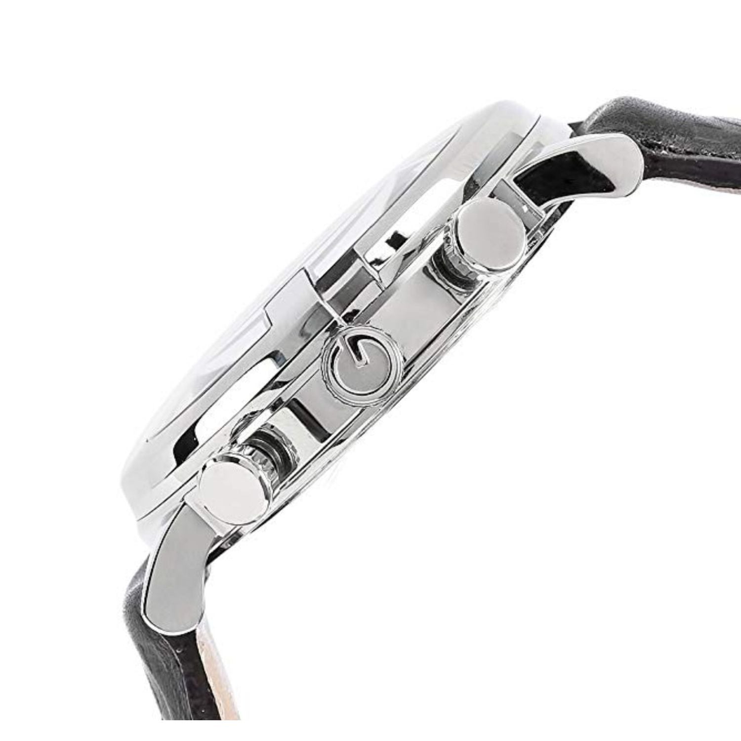 Side view of Gucci G Round chronograph watch showing stainless steel case and pushers