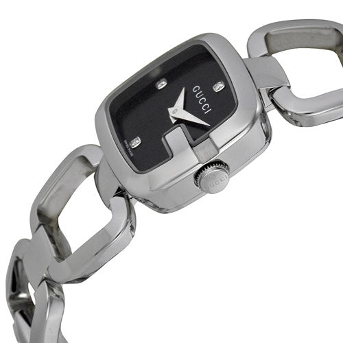 Gucci YA125509 angled perspective showing dial diamonds and metal bracelet