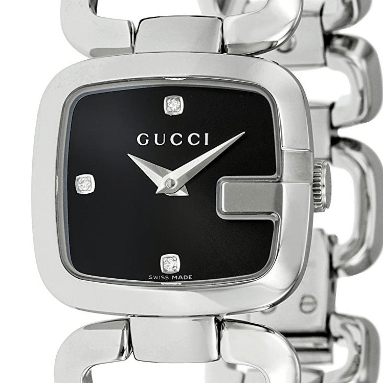 Gucci YA125509 close-up of dial with diamond markers and Swiss made text
