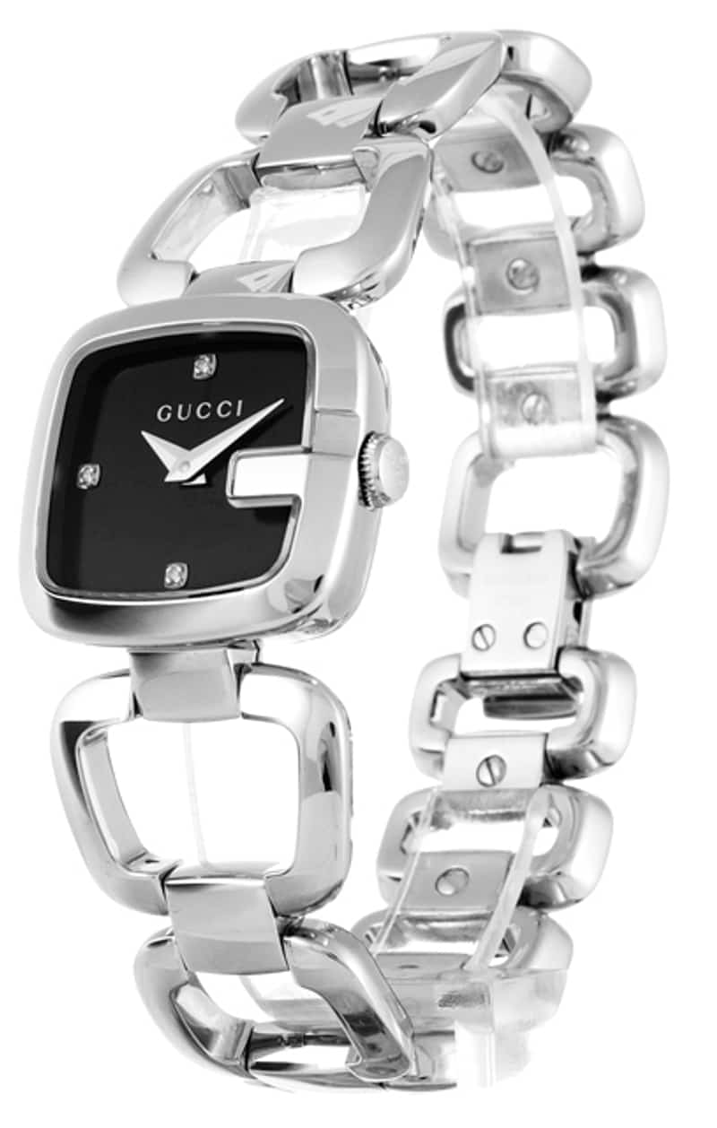 Gucci YA125509 side view showing stainless steel link bracelet and case