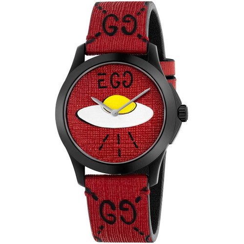 Gucci YA1264023 38MM watch with red UFO eye dial and GG canvas strap front view