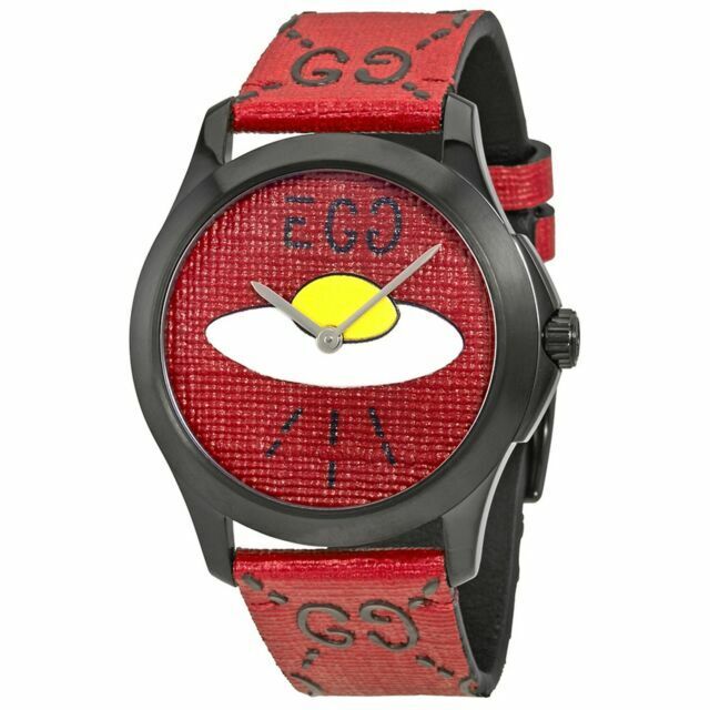 Gucci YA1264023 watch angled view showing red UFO dial and side profile