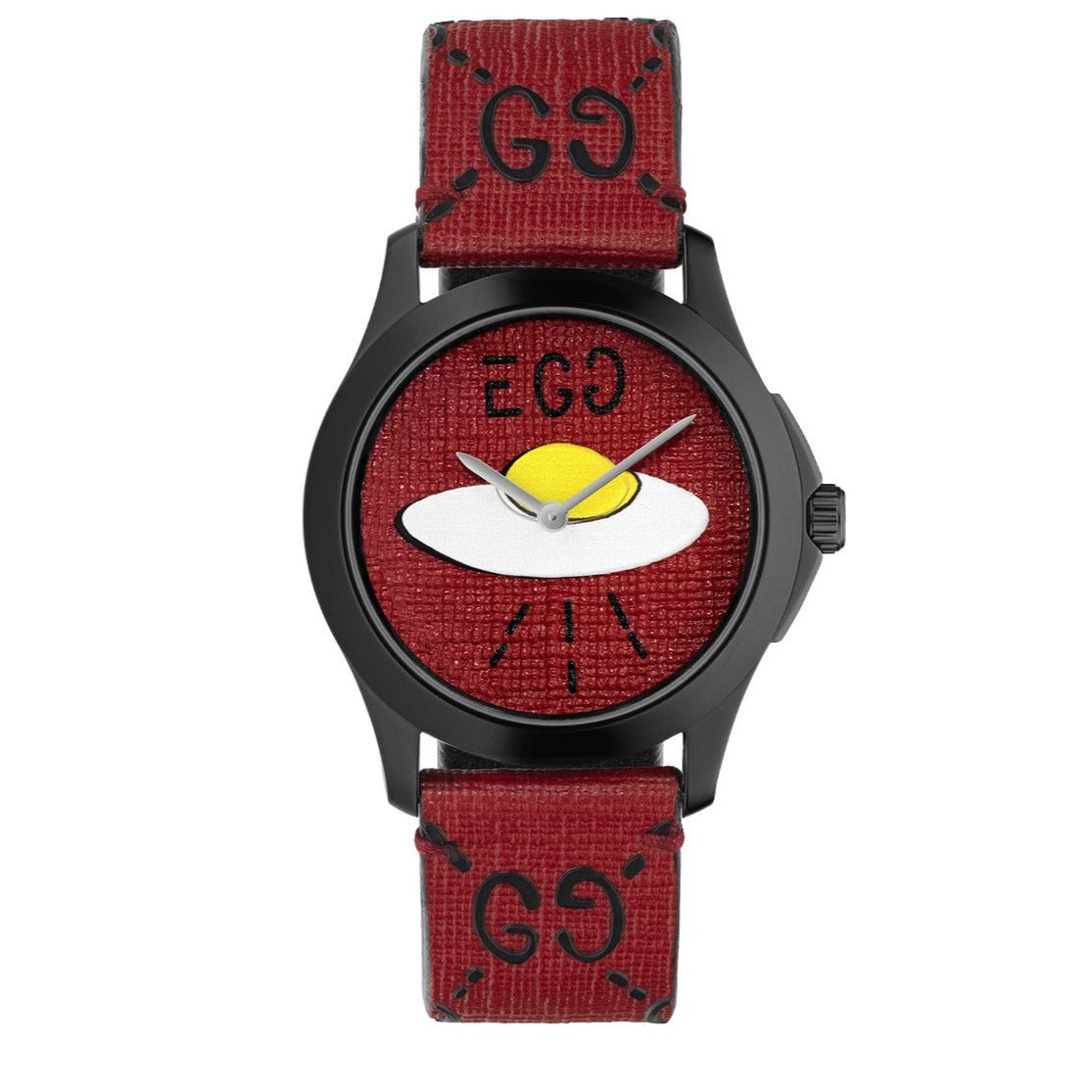Gucci YA1264023 38MM red UFO dial watch with GG pattern strap flat lay