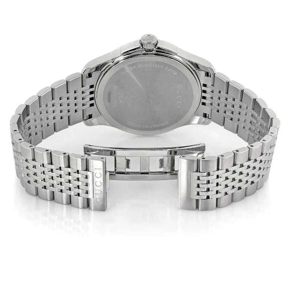 GUCCI G-Timeless men's watch rear view showing stainless steel caseback and bracelet closure