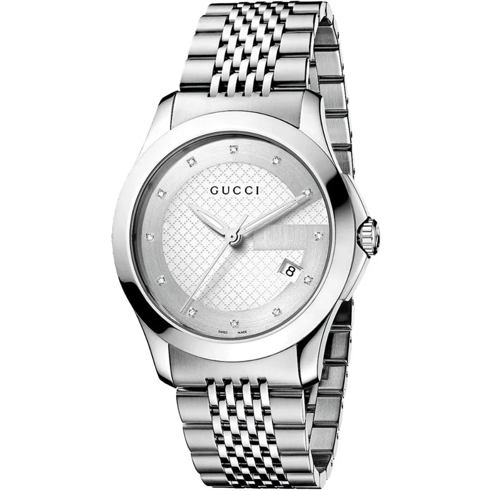 GUCCI G-Timeless 38MM silver dial men's watch with stainless steel bracelet and diamond markers