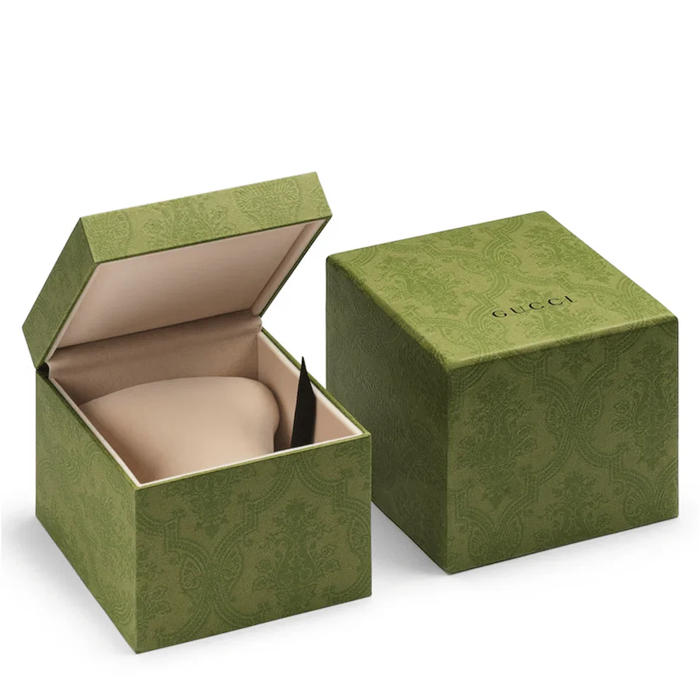 GUCCI G-Timeless men's watch presentation box with green patterned exterior and beige interior