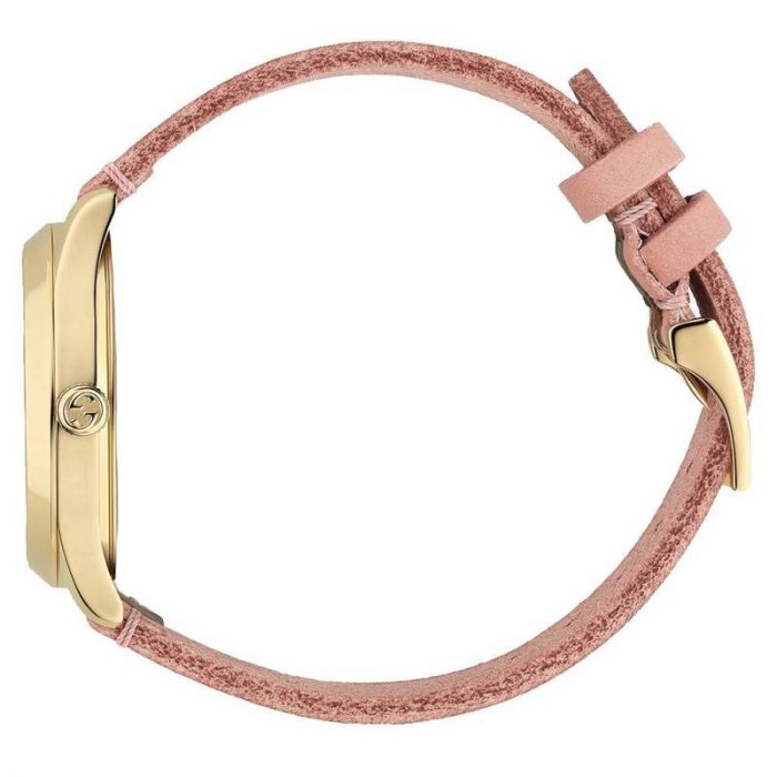 Gucci G-Timeless watch strap showing pink leather with buckle closure and web stripe
