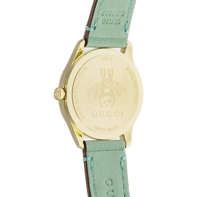 Gucci G-Timeless Yellow Gold PVD Silver Dial Green Leather Strap Quartz Womens Watch YA1265040