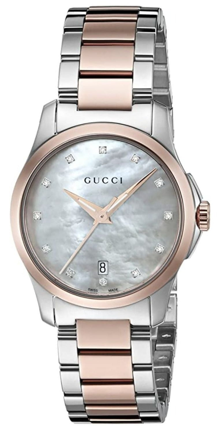 Front view of Gucci G Timeless women's watch with diamond dial and rose gold bezel