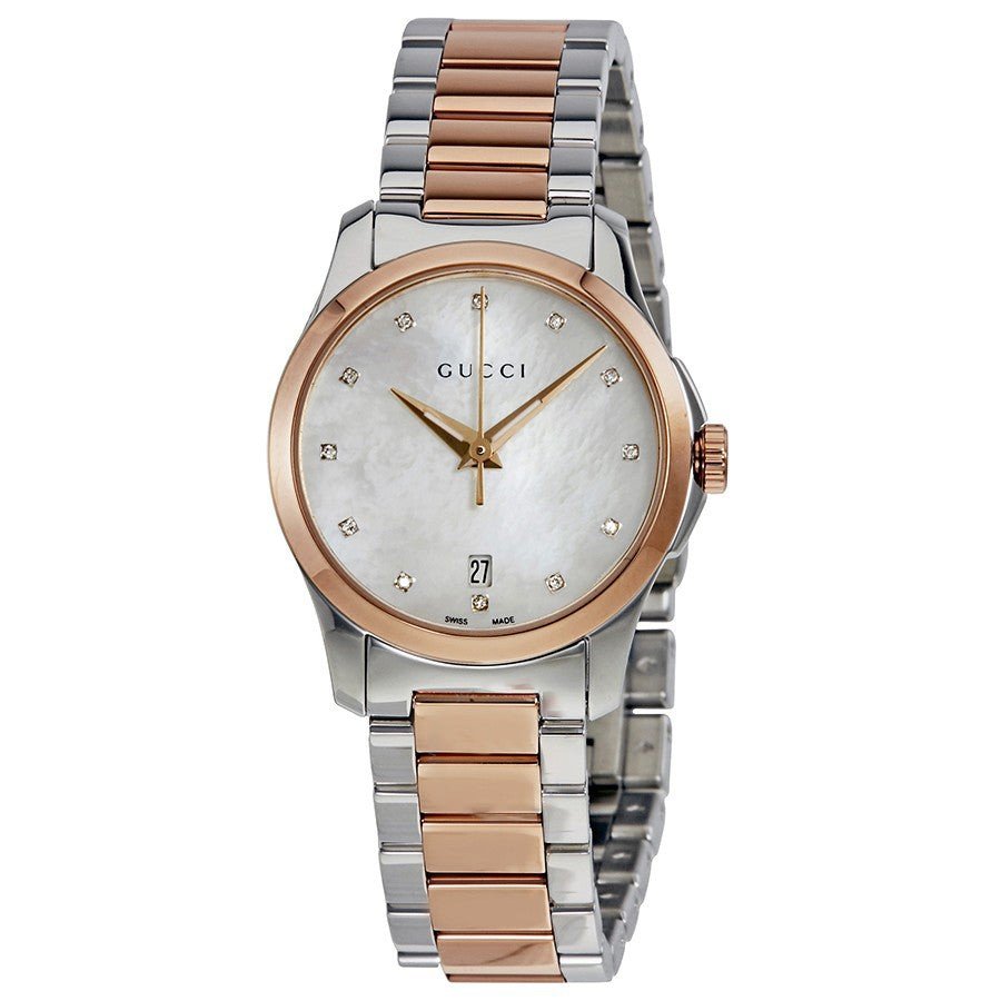 Gucci G Timeless diamond mother of pearl dial watch with two-tone steel bracelet
