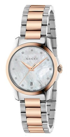 Gucci G Timeless watch with mother of pearl dial and two-tone steel rose gold strap
