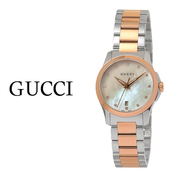 Gucci G Timeless women's watch with pearl dial, diamond markers and two-tone bracelet