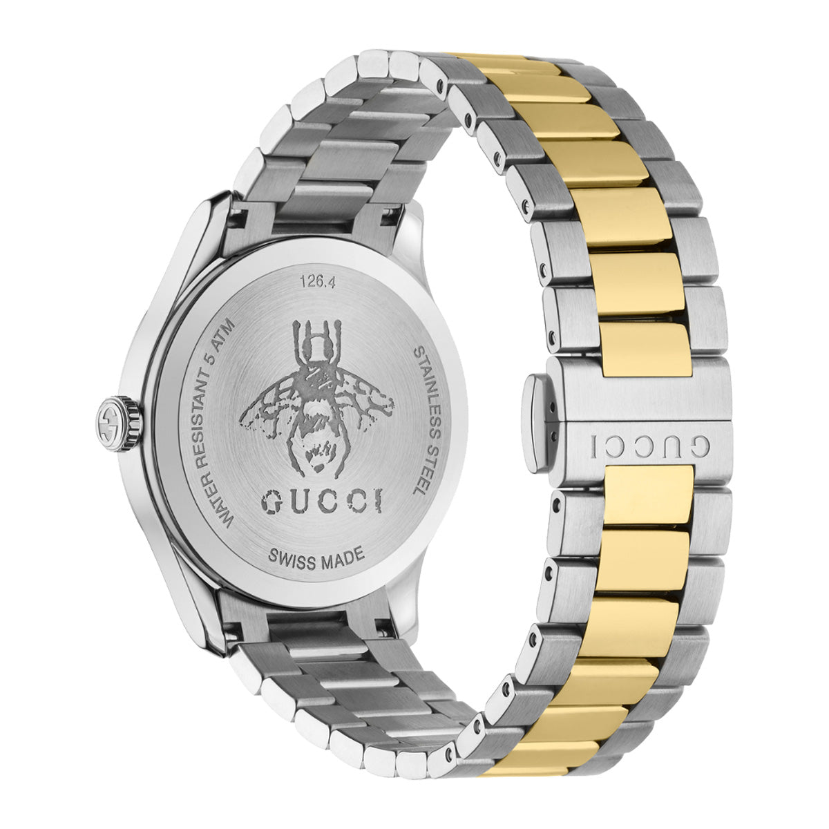 Gucci YA126599 watch caseback showing engraved bee motif, Gucci logo, Swiss Made marking