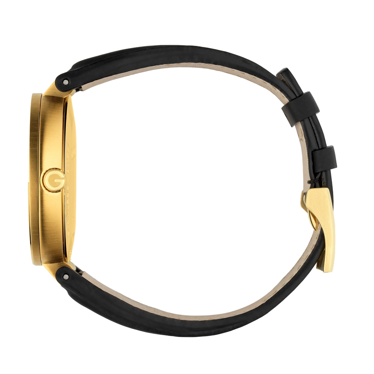 Side view of Gucci watch with gold case and black leather strap