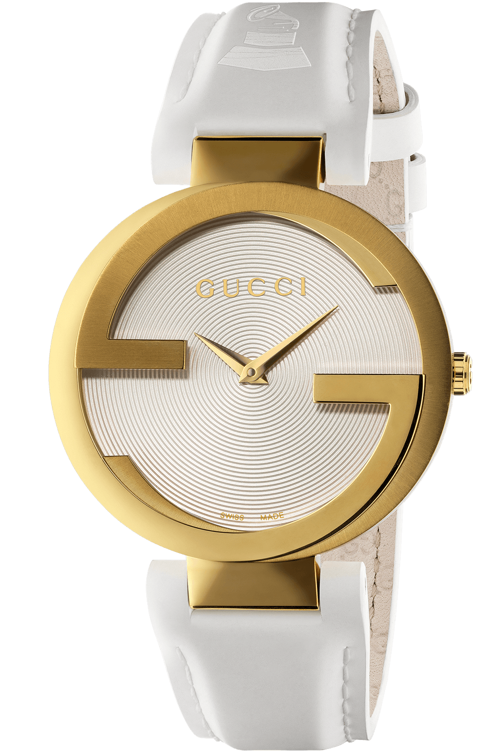 Gucci Special Latin GRAMMY watch with gold-tone case, white dial, and white rubber strap