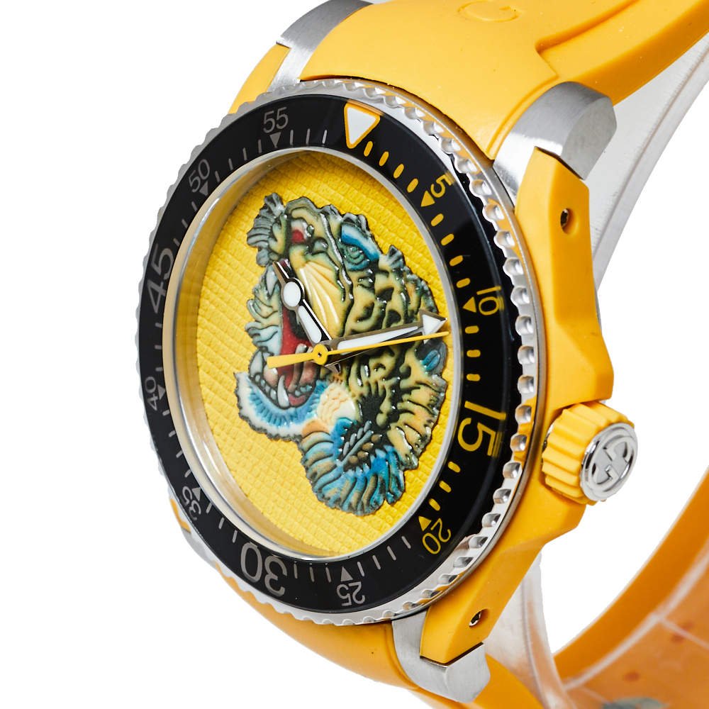 GUCCI 40MM Yellow Embroidered Tiger Dial Silicone Men's Watch YA136317