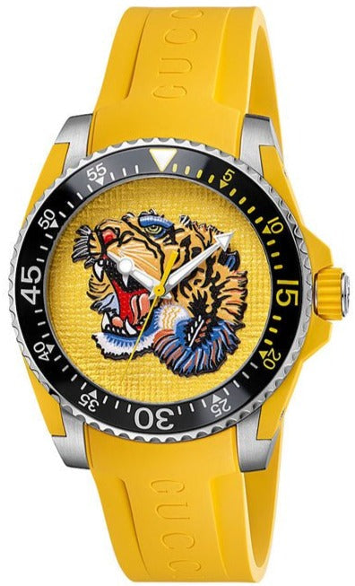 GUCCI 40MM Yellow Embroidered Tiger Dial Silicone Men's Watch YA136317