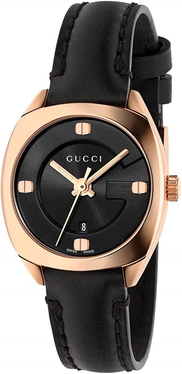 Gucci dress watch with rose gold case, black dial, and black leather strap, angled view