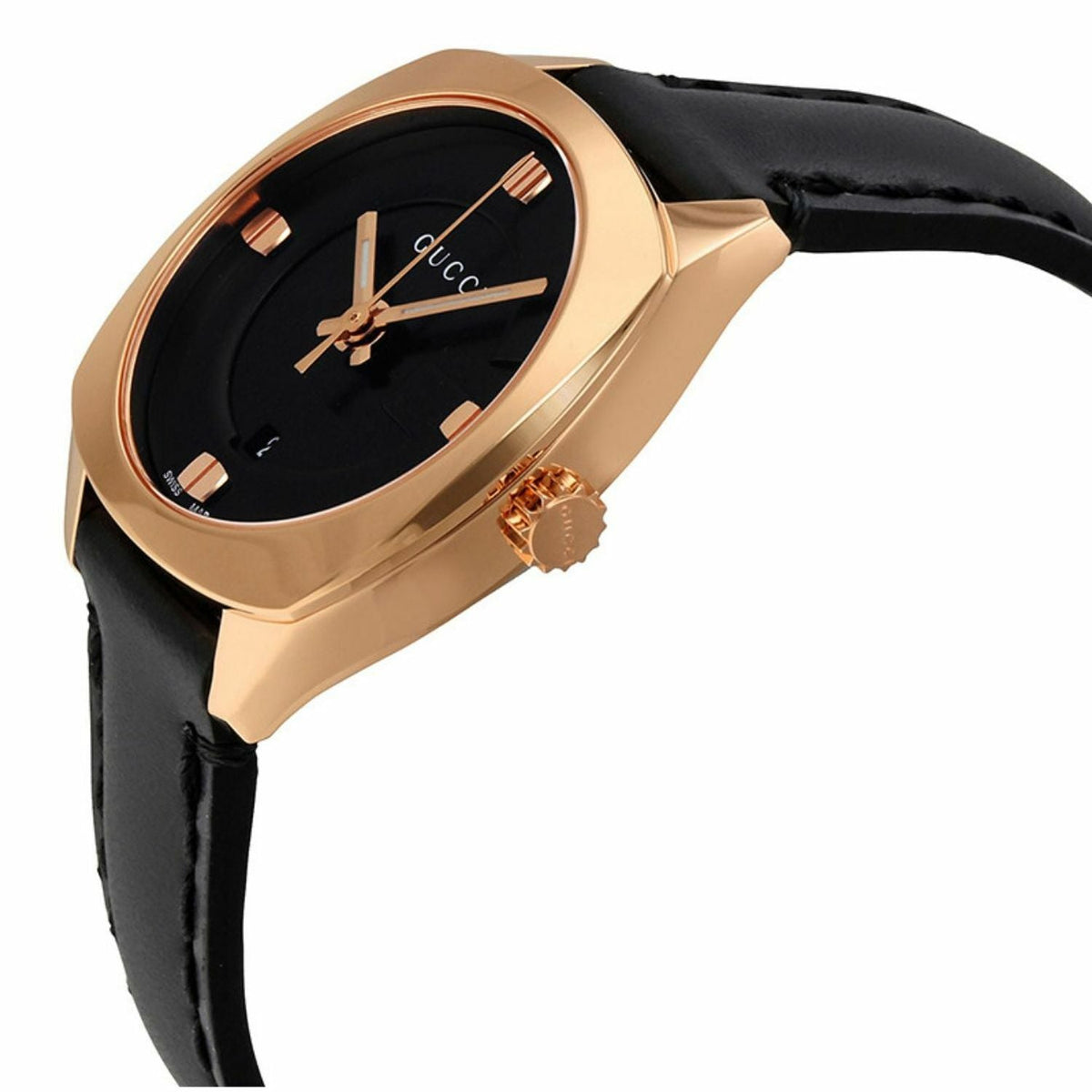 Gucci watch side profile showing gold-tone case and black leather strap
