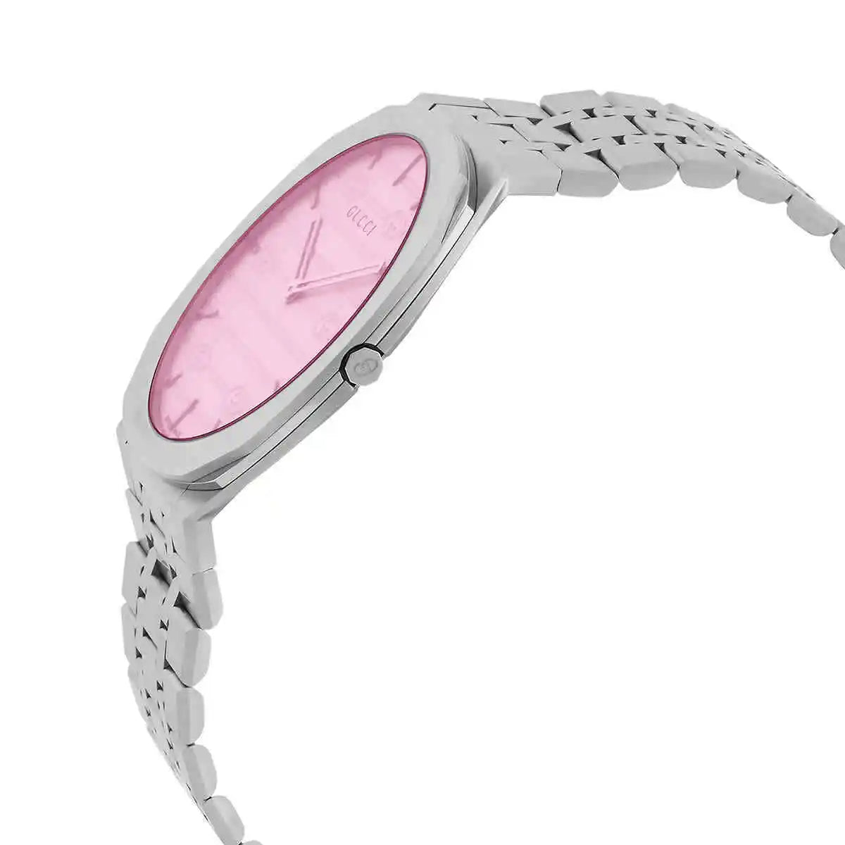 Gucci 25H watch angled view with pink dial, silver case and steel link bracelet