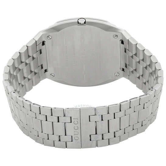 Gucci 25H watch rear view displaying stainless steel bracelet and case back