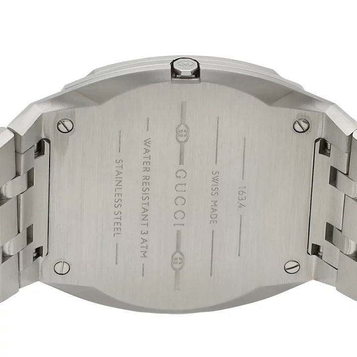 Gucci 25H watch caseback showing stainless steel engraving and Gucci branding