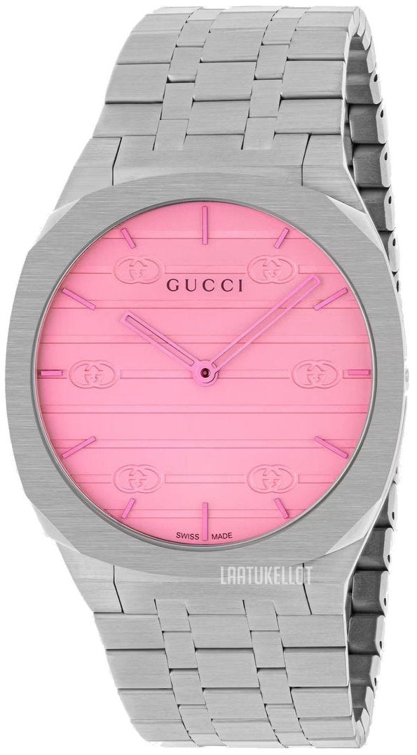 Gucci 25H women's watch with pink dial and GG logo, silver steel case and bracelet