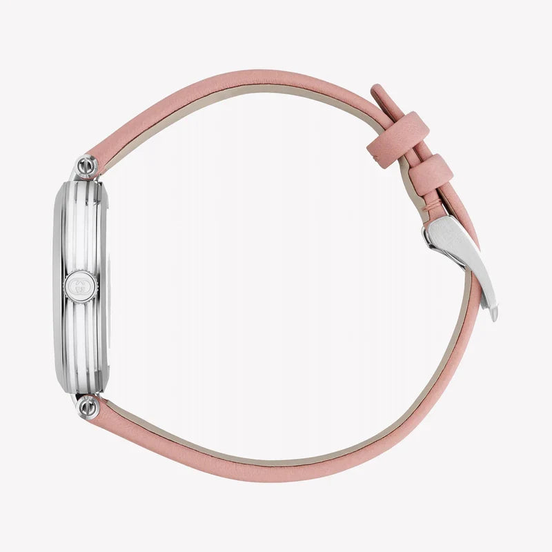 Side view of Gucci watch showing silver case and pink leather strap with buckle
