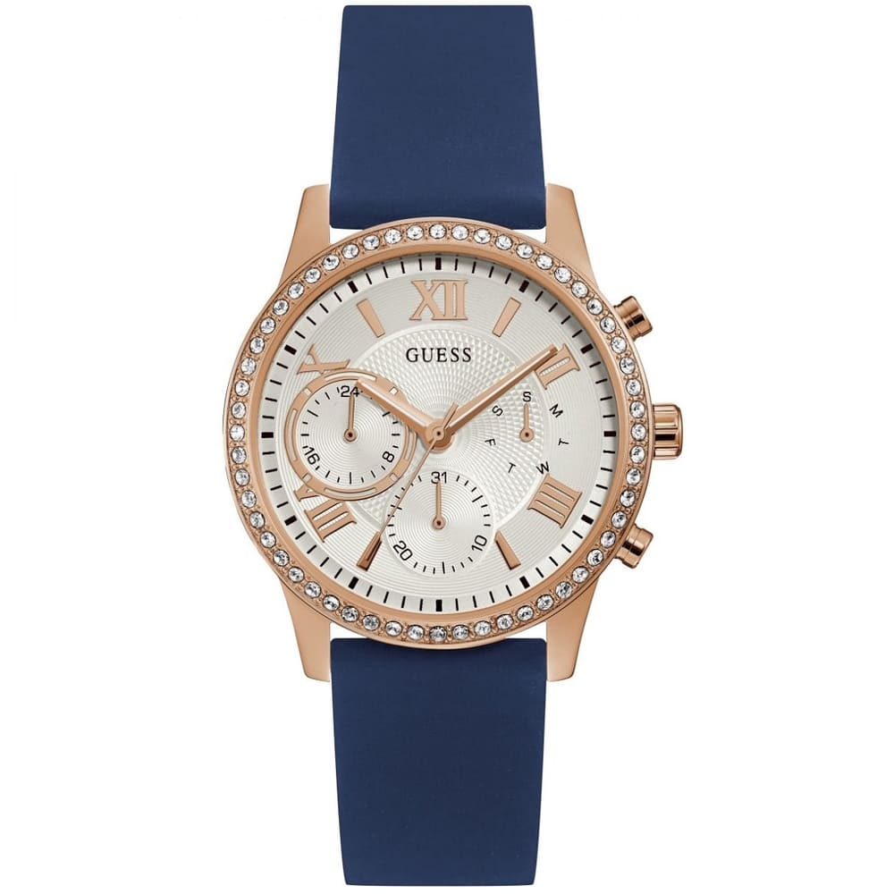 Guess 1135L3 rose gold chronograph watch with white dial, crystal bezel, and navy strap