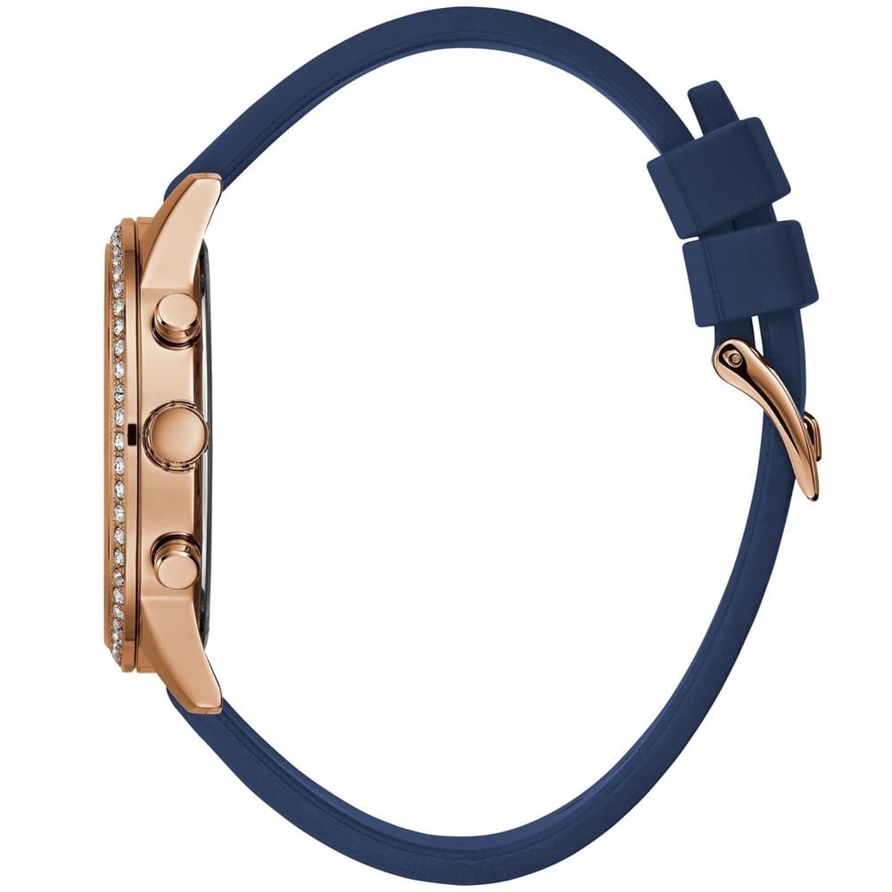 Guess 1135L3 watch side view showing rose gold case profile and navy silicone strap