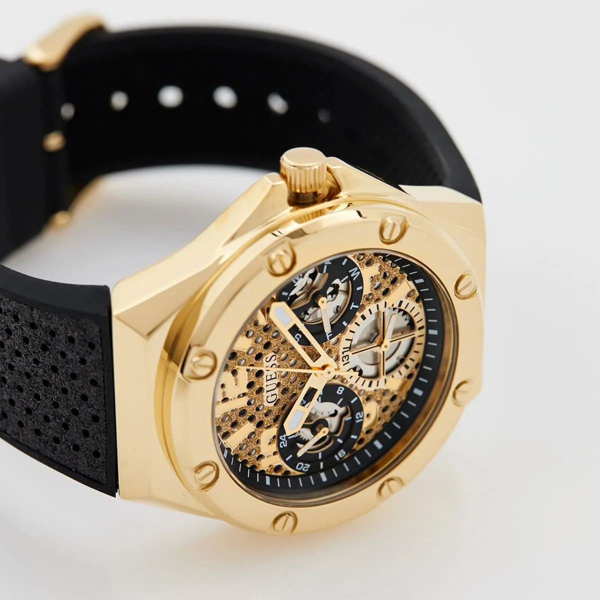 Guess Asteria Multifunction Gold Dial Black Rubber Strap Women Watch - GW0620L2