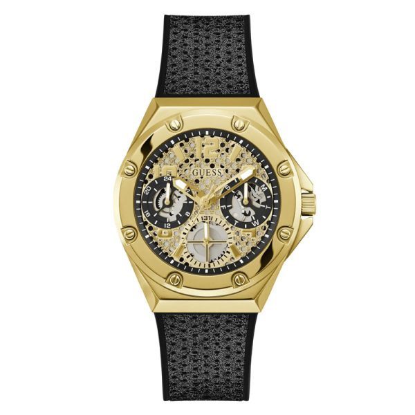 Guess Asteria Multifunction Gold Dial Black Rubber Strap Women Watch - GW0620L2