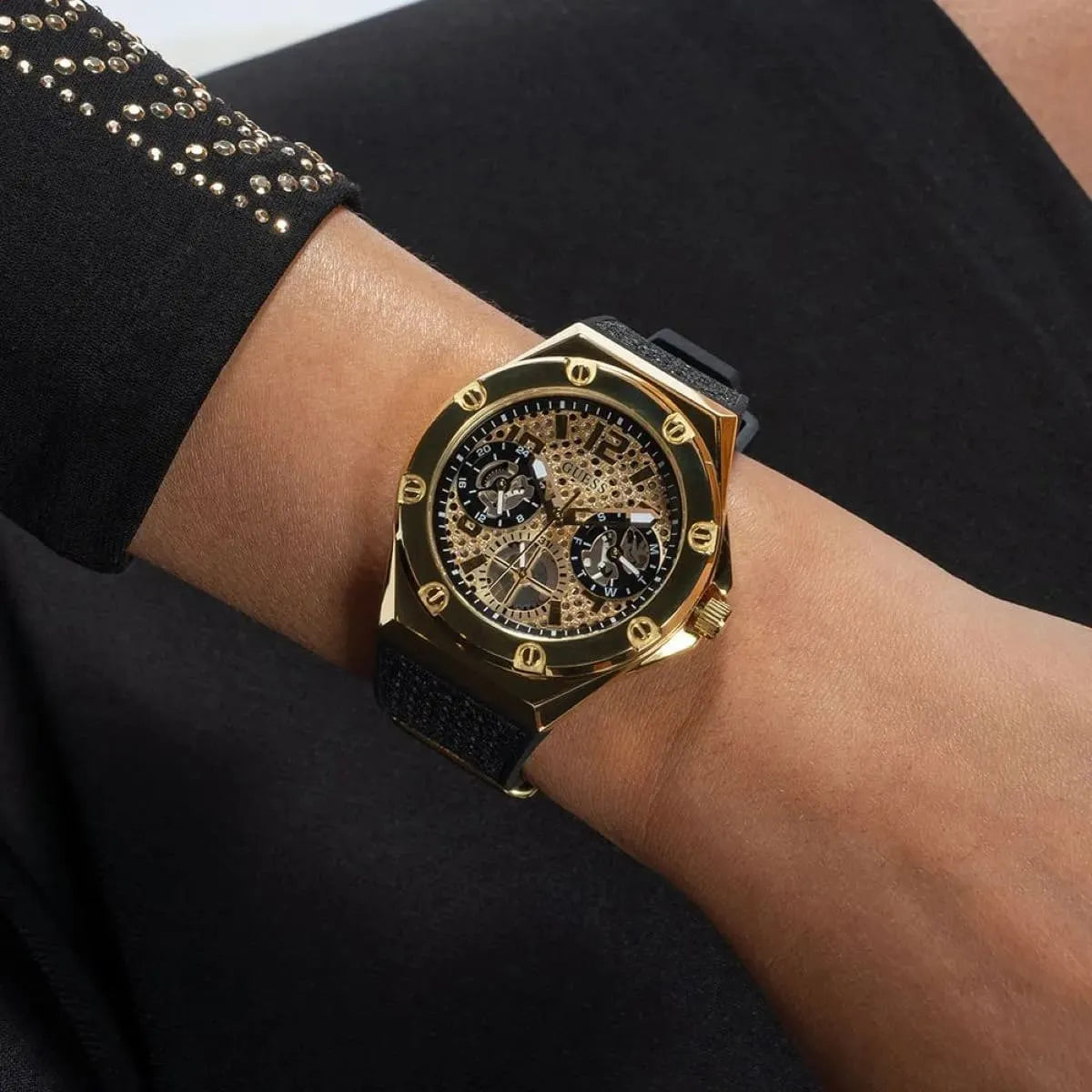 Guess Asteria Multifunction Gold Dial Black Rubber Strap Women Watch - GW0620L2