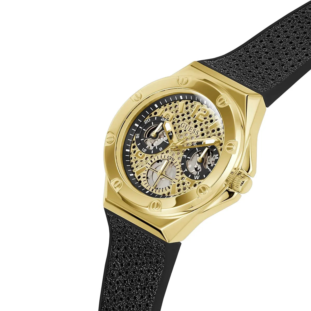 Guess Asteria Multifunction Gold Dial Black Rubber Strap Women Watch - GW0620L2