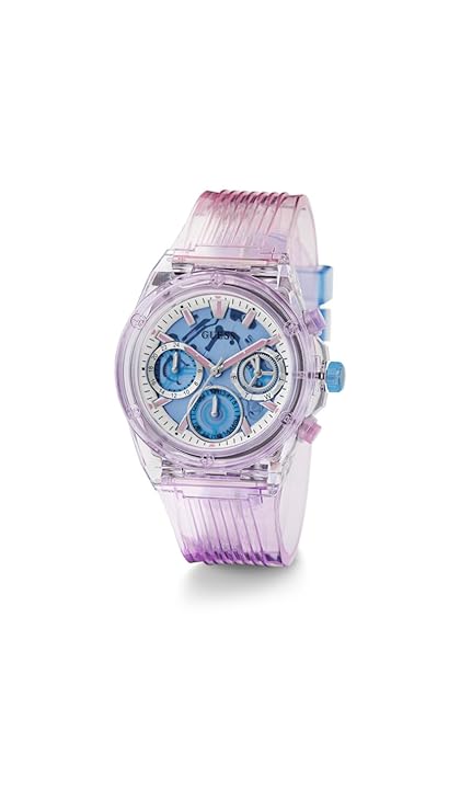 Angled view of GUESS Athena watch with transparent purple case and chronograph dial