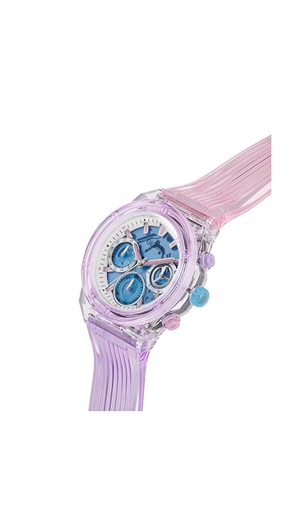 GUESS Athena women's watch worn on wrist with purple strap and blue dial