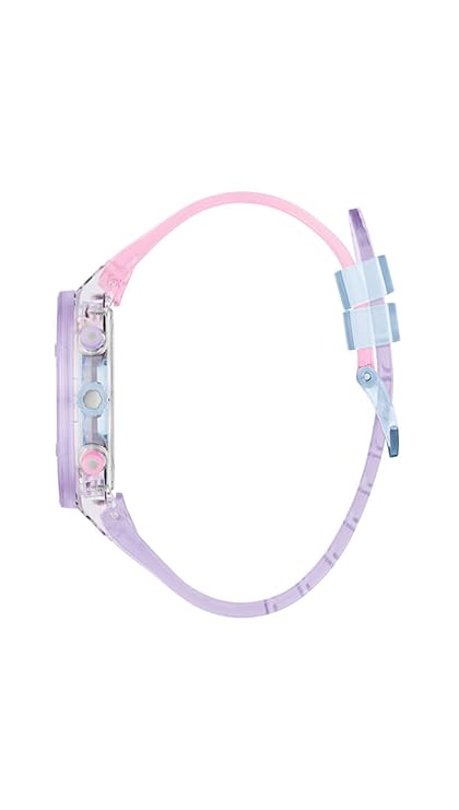 Side view of GUESS Athena watch showing purple transparent case and gradient strap