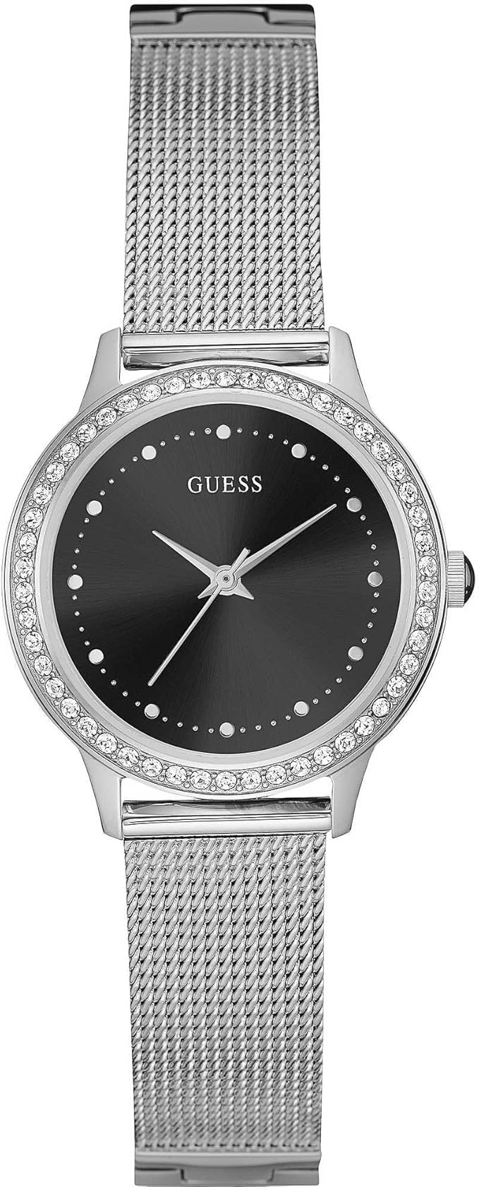 Guess Chelsea Crystals women's watch with black dial and crystal-set bezel on silver mesh bracelet