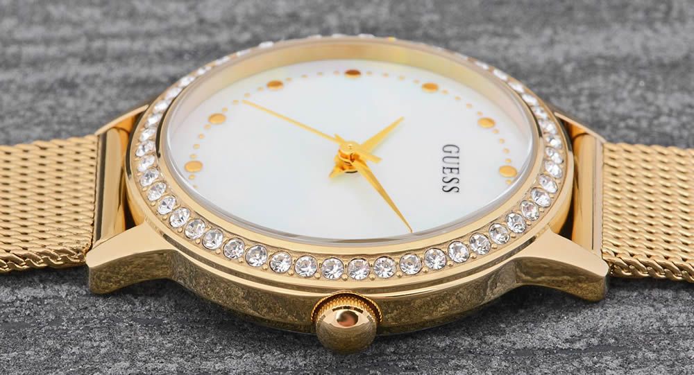 Guess Chelsea Mother of Pearl White Dial Gold Mesh Strap Women Watch - W0647L3