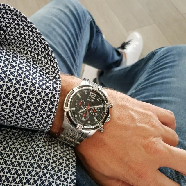 Guess Circuit Chronograph Black Dial Silver Steel Strap Men Watch - W0968G1