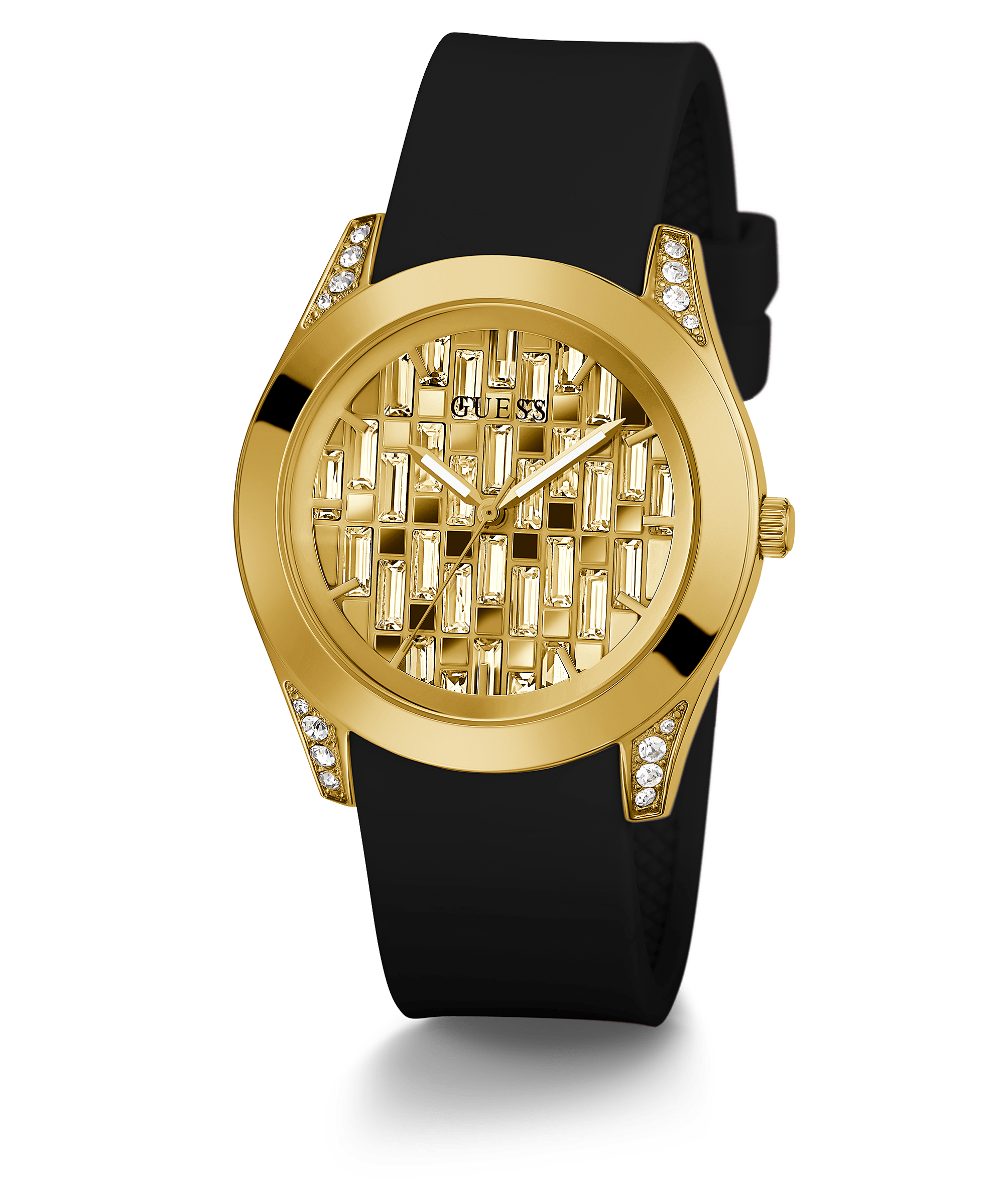 Guess Clarity gold-tone women's watch with black silicone strap and geometric dial