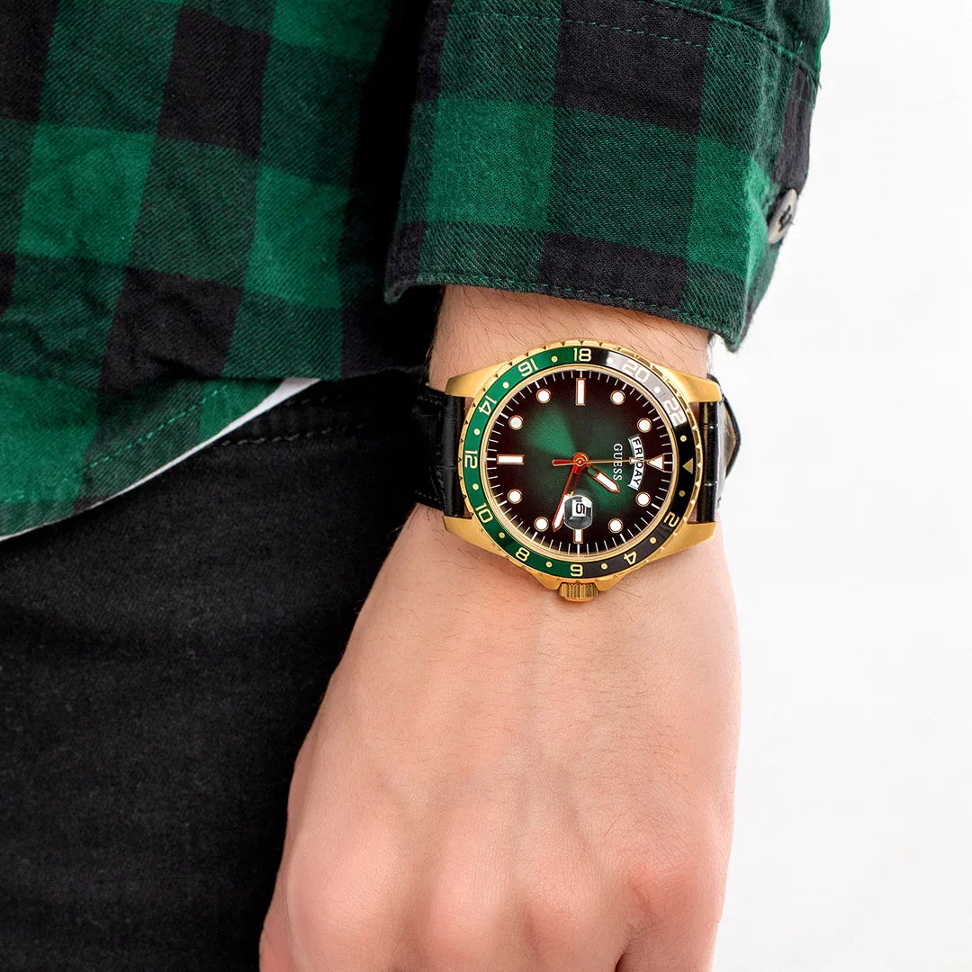 Guess Comet Green Dial Genuine Leather Analogue Mens Watch - GW0221G1
