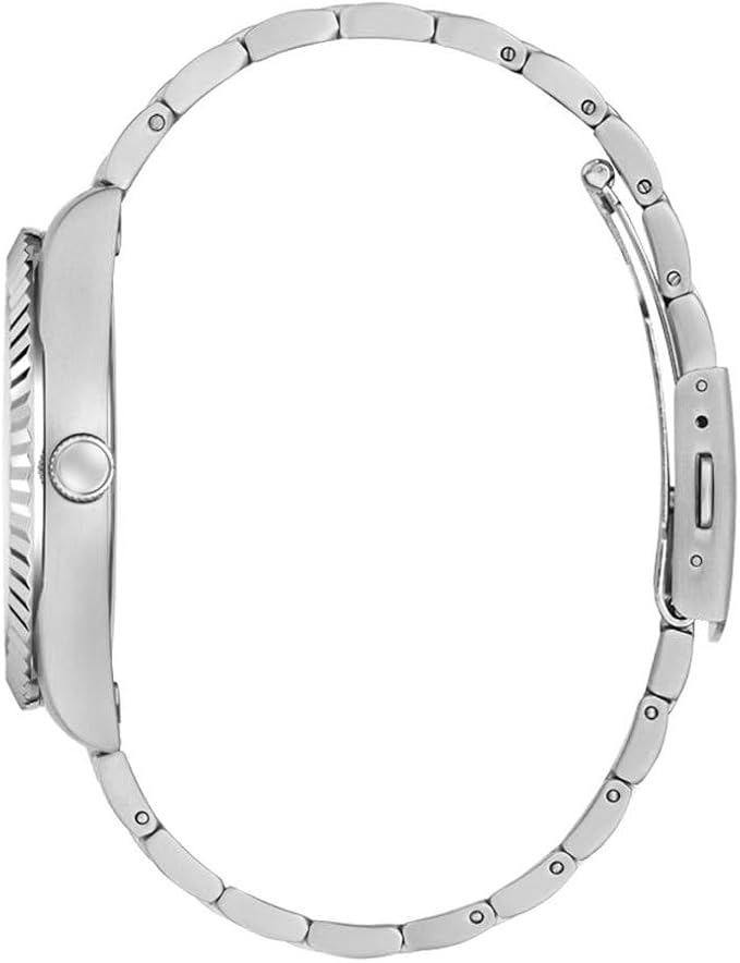 Side profile view of Guess Connoisseur watch showing fluted bezel and silver steel case