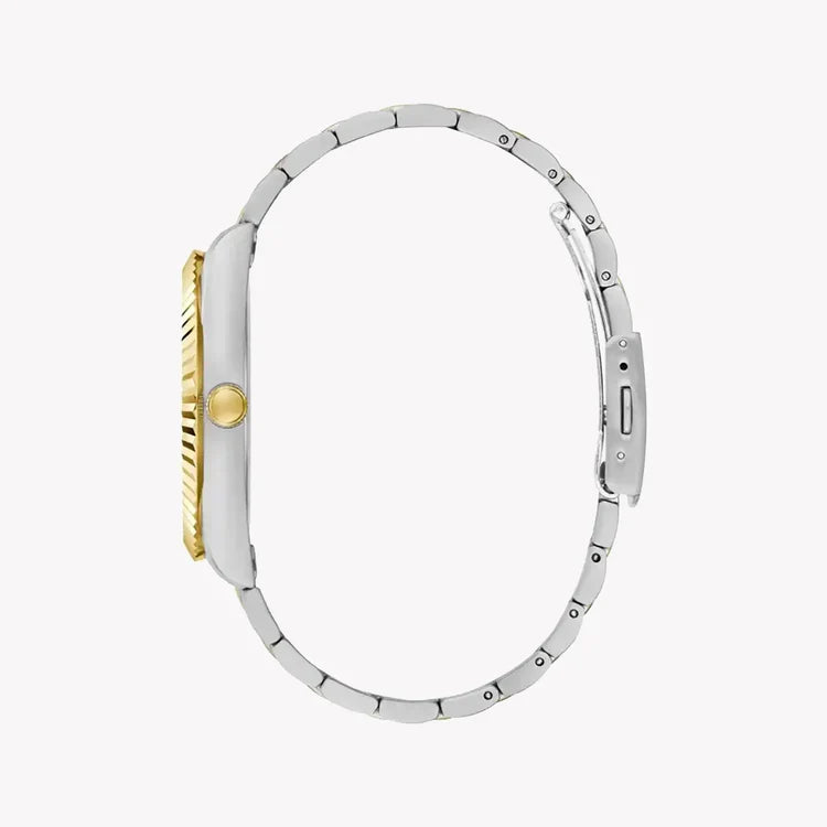 Side view of GUESS Connoisseur watch showing profile and two-tone metal links
