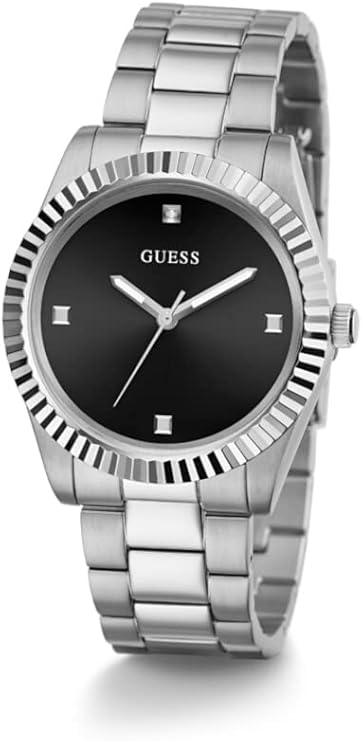 Angled view of Guess Connoisseur 42mm watch with black dial and steel band