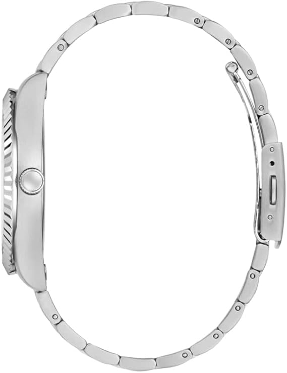 Side view of Guess Connoisseur watch showing textured bezel and stainless steel bracelet