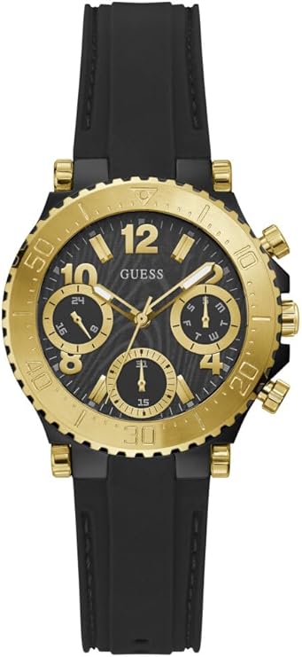 Guess Cosmic multifunction watch with gold-tone case, black dial, and three subdials