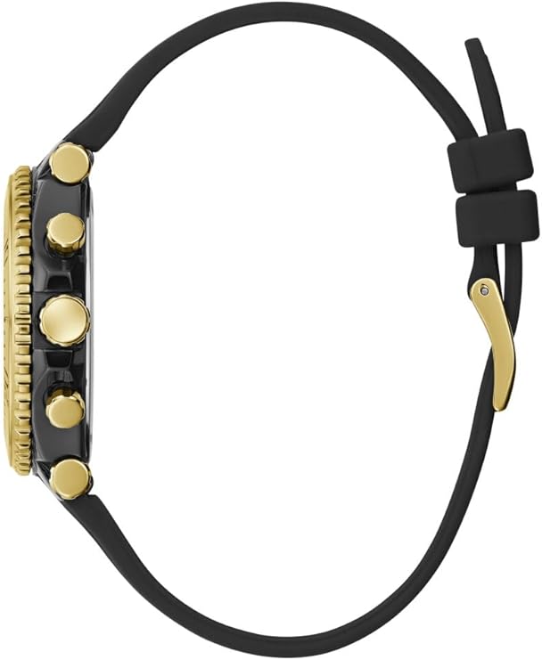 Side view of Guess Cosmic watch showing gold-tone bezel and black silicone strap