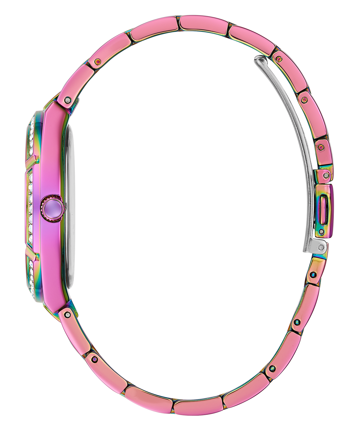 Side view of Guess Cosmo watch showing purple and rose gold tone metal bracelet