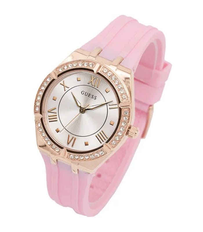Guess Cosmo watch at three-quarter angle showcasing rose gold case and pink silicone strap